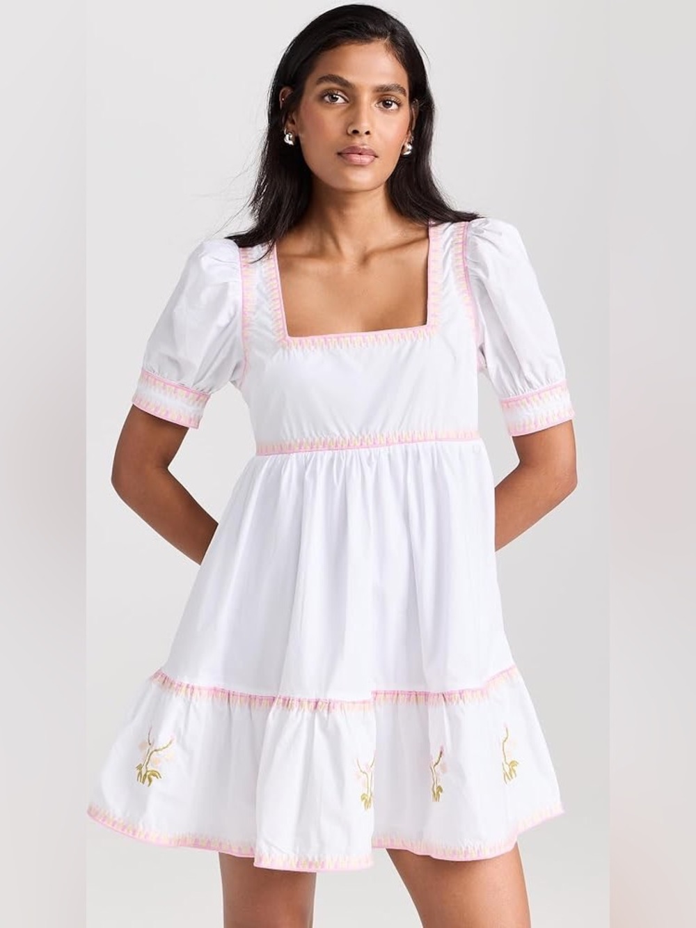 English Factory White Mini Dress with Pink Trim and Gold Embroidery